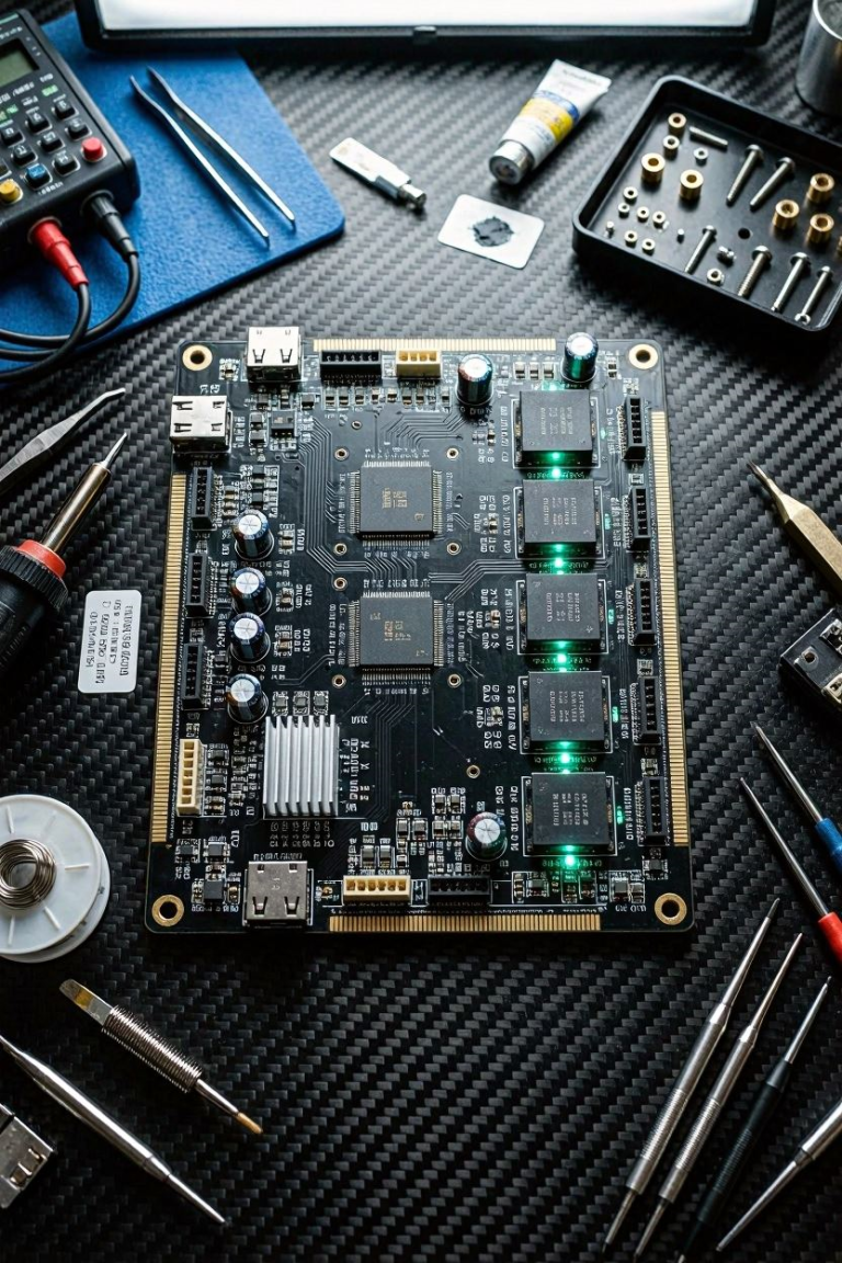 A detailed view of a modern 32-bit 3D printer motherboard ready for a silent stepping upgrade installation.
