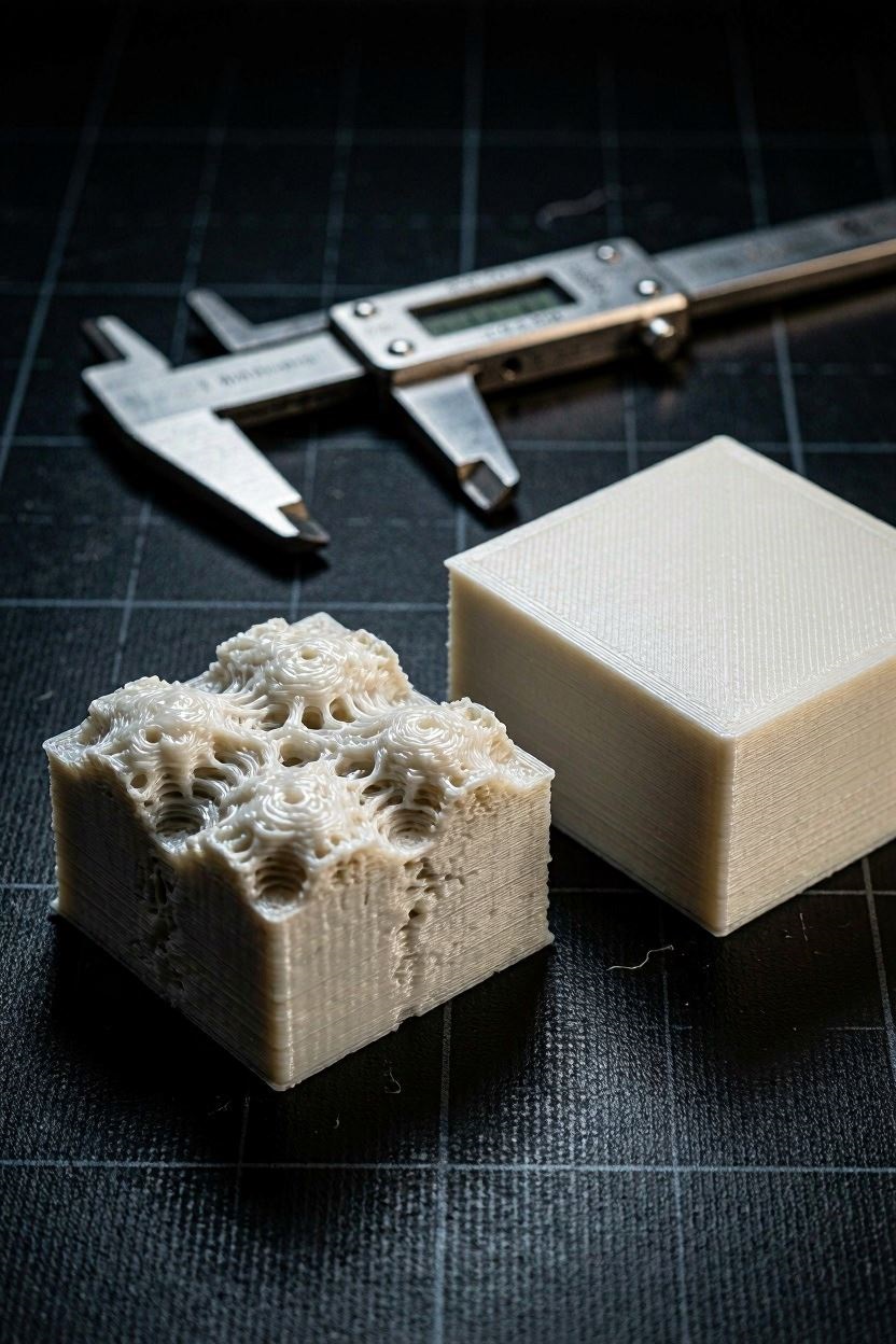 A macro comparison showing how to fix 3D print rough top layer defects and achieve a flawless surface.