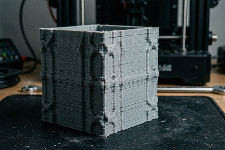 A macro view showing the exact artifacts of Ender 3 V3 KE blobbing and inconsistent layers on a calibration print.