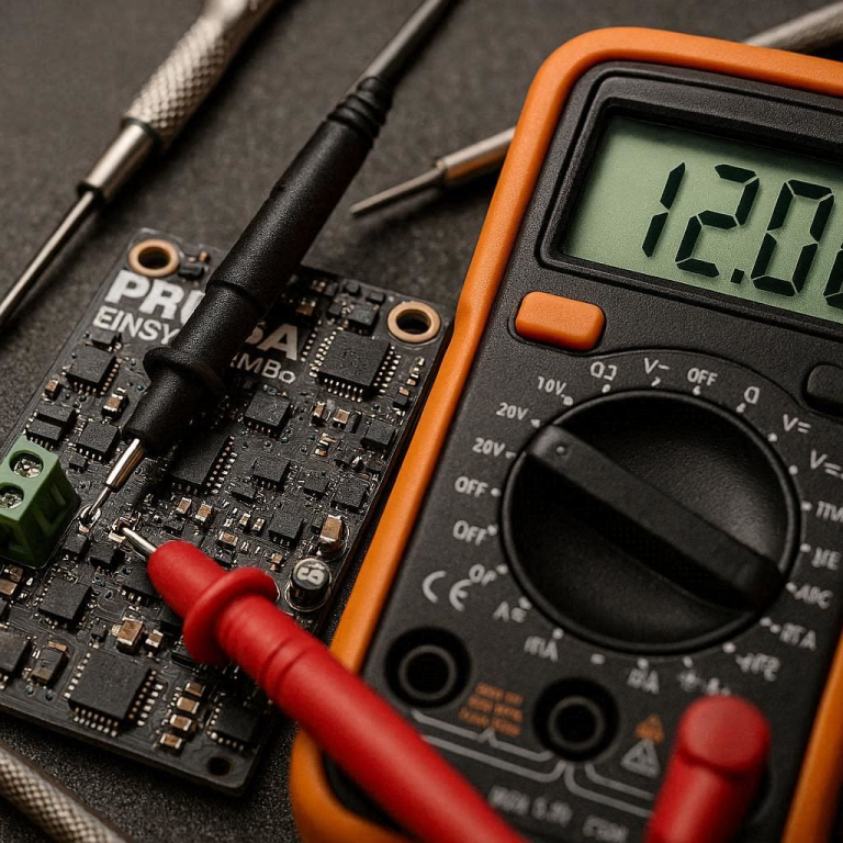 Probing motherboard terminals to execute a Prusa MINTEMP error fix.