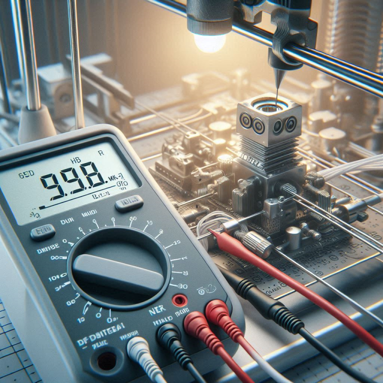 A technician performing a Prusa MK4 MAXTEMP Error Fix by testing the hotend wiring