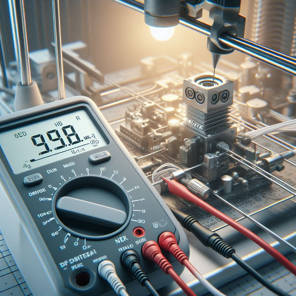 A technician performing a Prusa MK4 MAXTEMP Error Fix by testing the hotend wiring