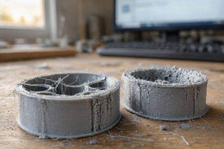 A visual demonstration of a severe Orca Slicer version update extrusion issue showing failed printed parts.