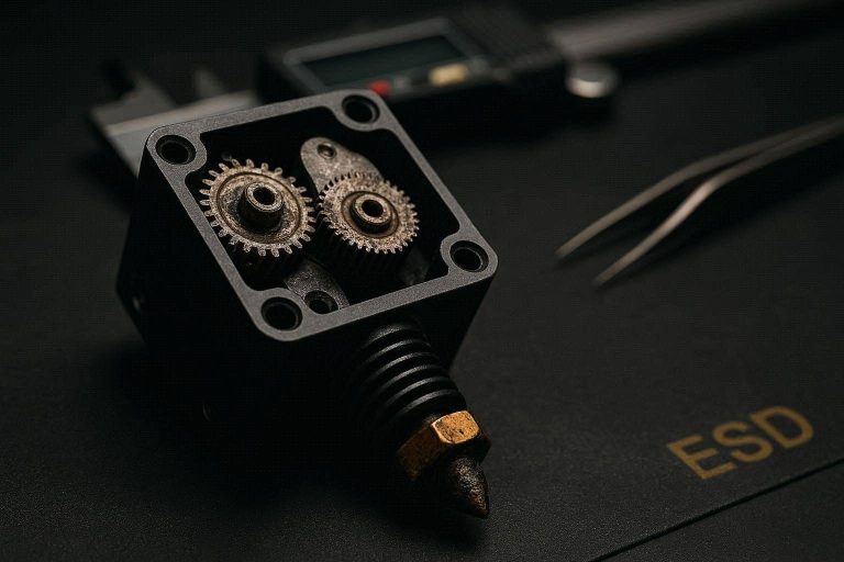 A macro diagnostic view demonstrating the exact mechanical components you must inspect to fix Bambu Lab P1S under-extrusion.