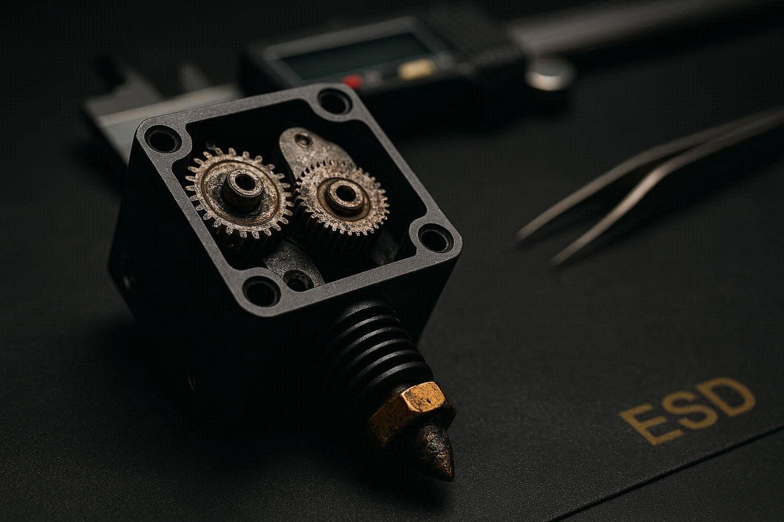 A macro diagnostic view demonstrating the exact mechanical components you must inspect to fix Bambu Lab P1S under-extrusion.