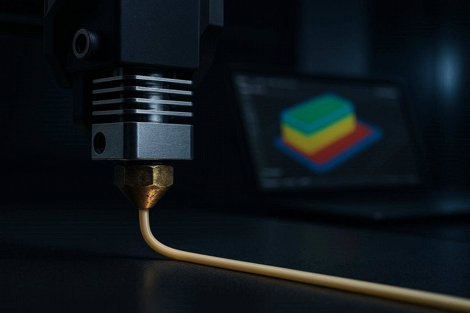 A macro technical view showing the material dynamics required to calibrate max volumetric speed on a high-speed 3D printer.