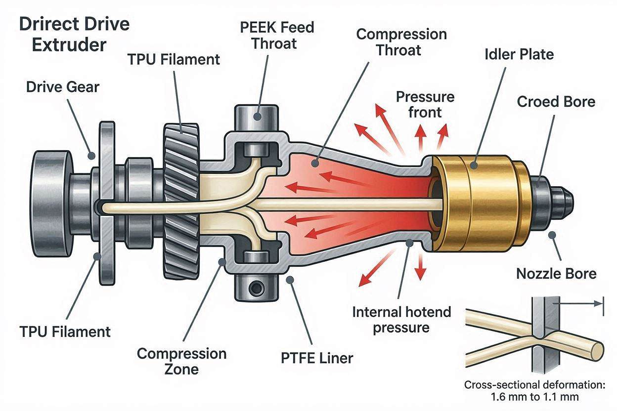 An engineering diagram explaining why volumetric compression forces you to fix Bambu A1 TPU stringing.
