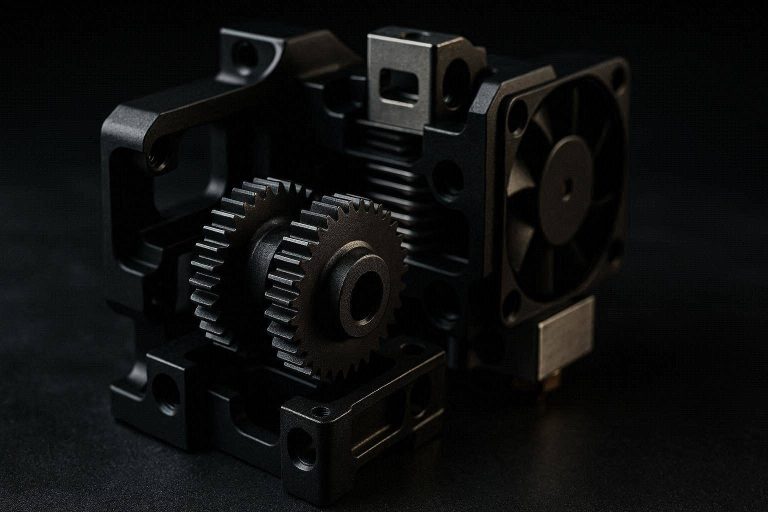 An explicit visual breakdown of a 3D printer extruder gears upgrade showcasing dual hardened steel components.