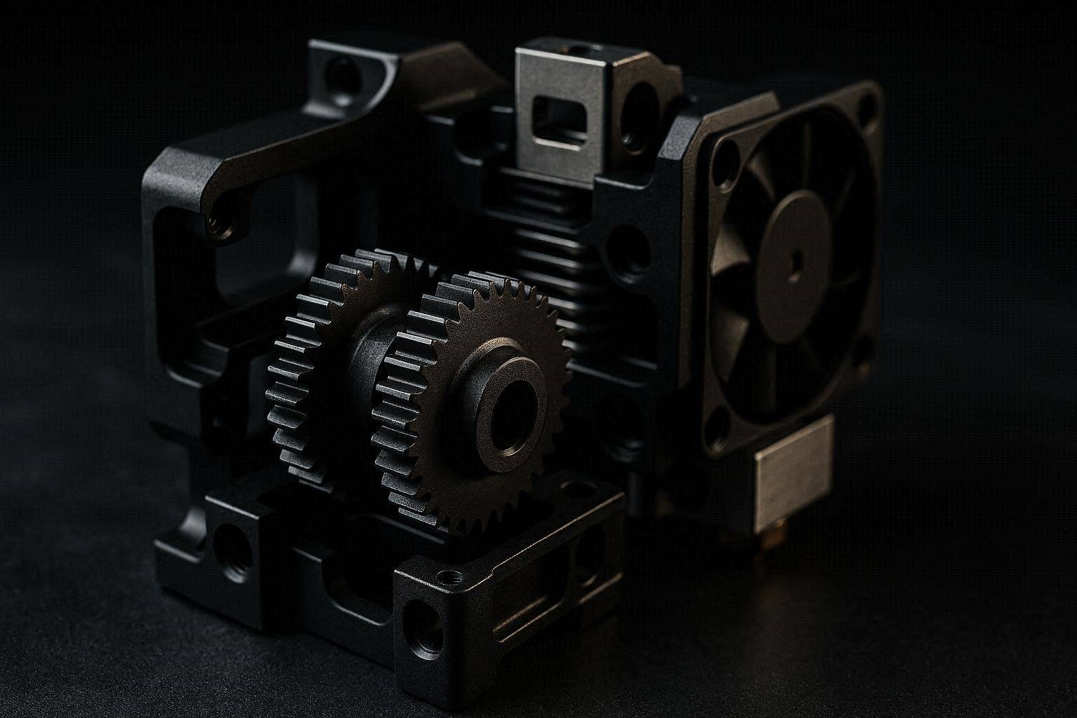 An explicit visual breakdown of a 3D printer extruder gears upgrade showcasing dual hardened steel components.