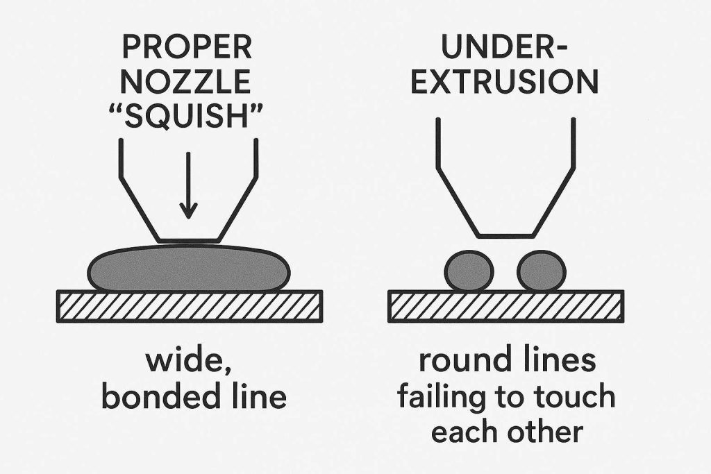 An engineering diagram explaining the fluid dynamics necessary to fix FDM first layer height and under-extrusion.