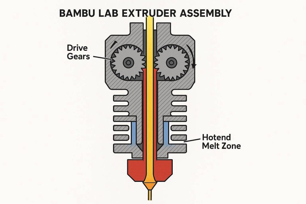  Alt Text: An engineering diagram explaining the fluid dynamics and friction points necessary to fix Bambu Lab P1S under-extrusion.