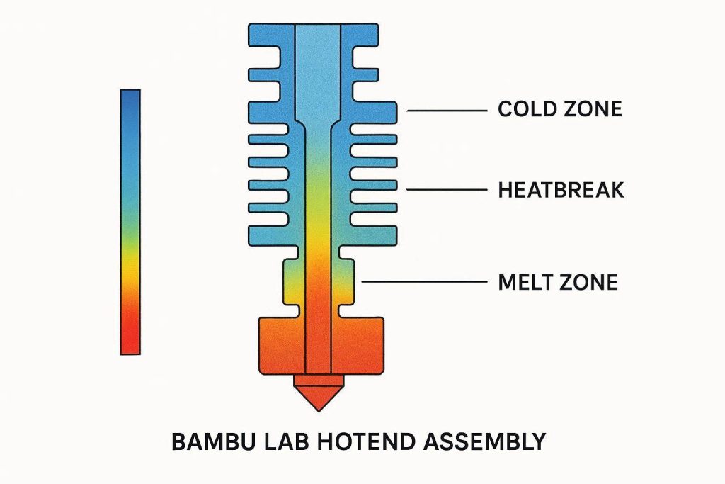 An engineering diagram explaining the fluid dynamics necessary to fix Bambu Lab P1S heat creep clog.