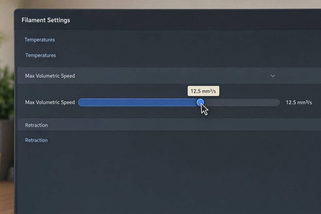 filament settings tab showing the Max Volumetric Speed parameter being adjusted.