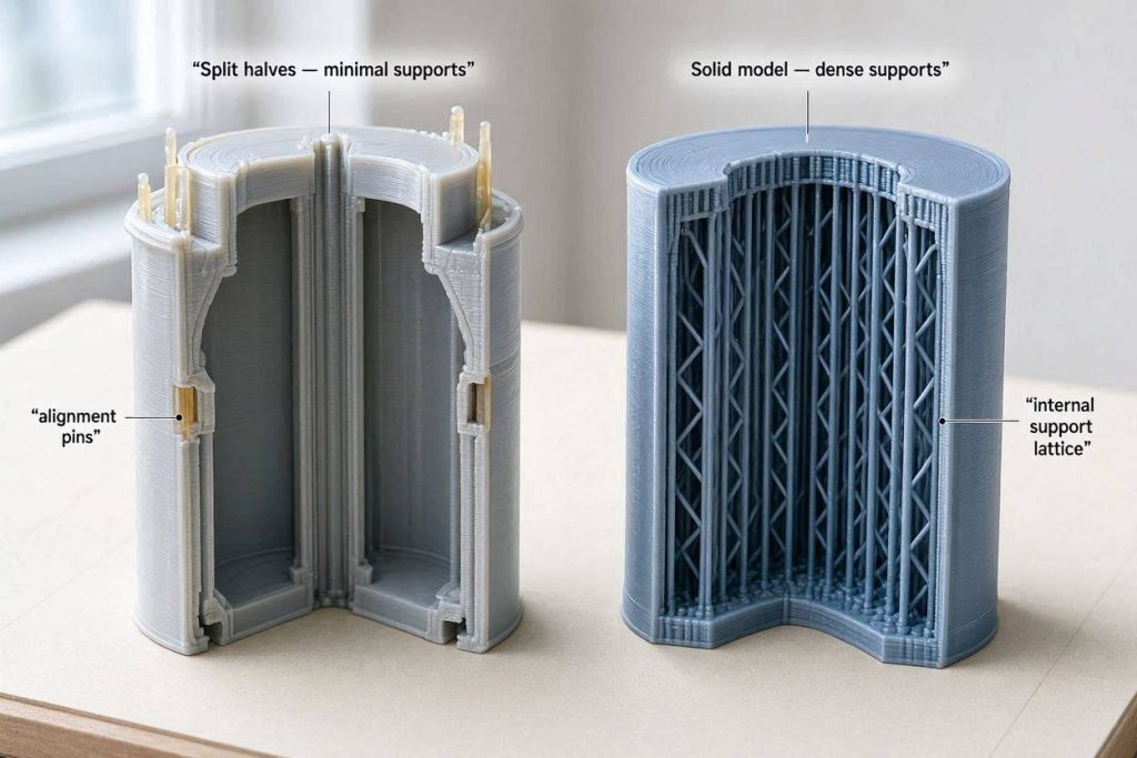 An architectural layout explaining the mechanics of splitting a model to fix a 3D print internal groove support.