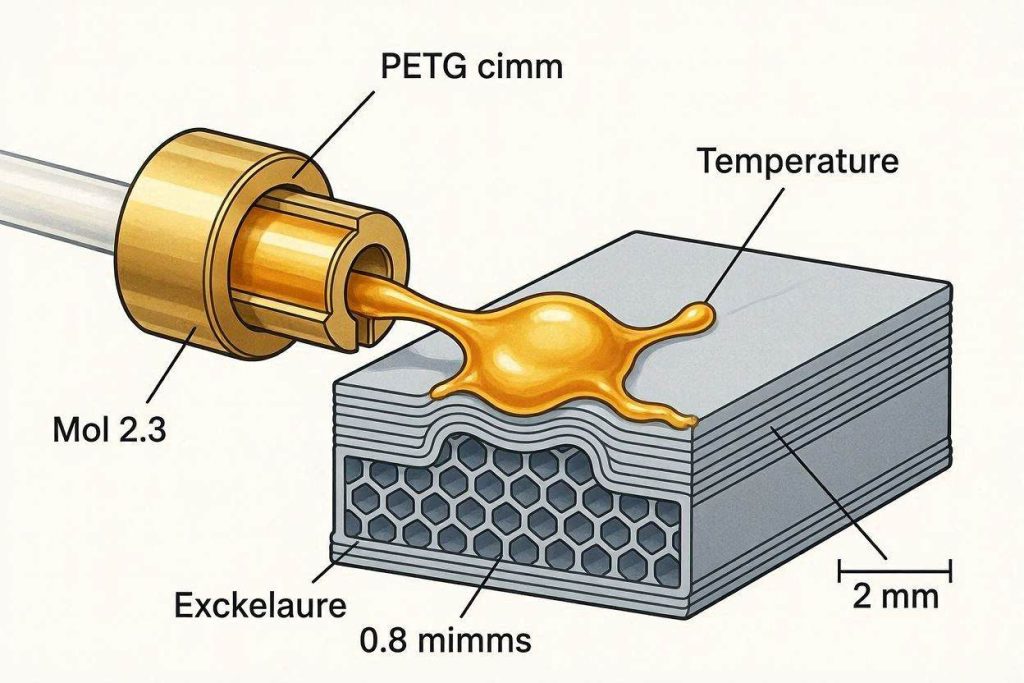 An engineering diagram explaining why nozzle buildup causes PETG scraping defects.