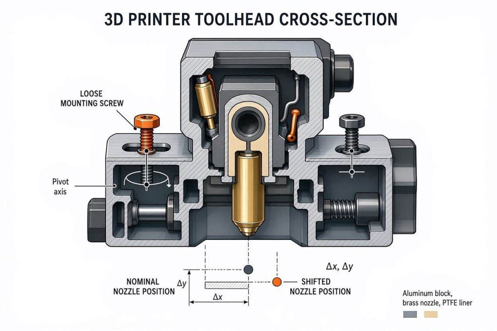 An engineering diagram explaining why toolhead deflection forces you to fix 3D print layer shift illusions.