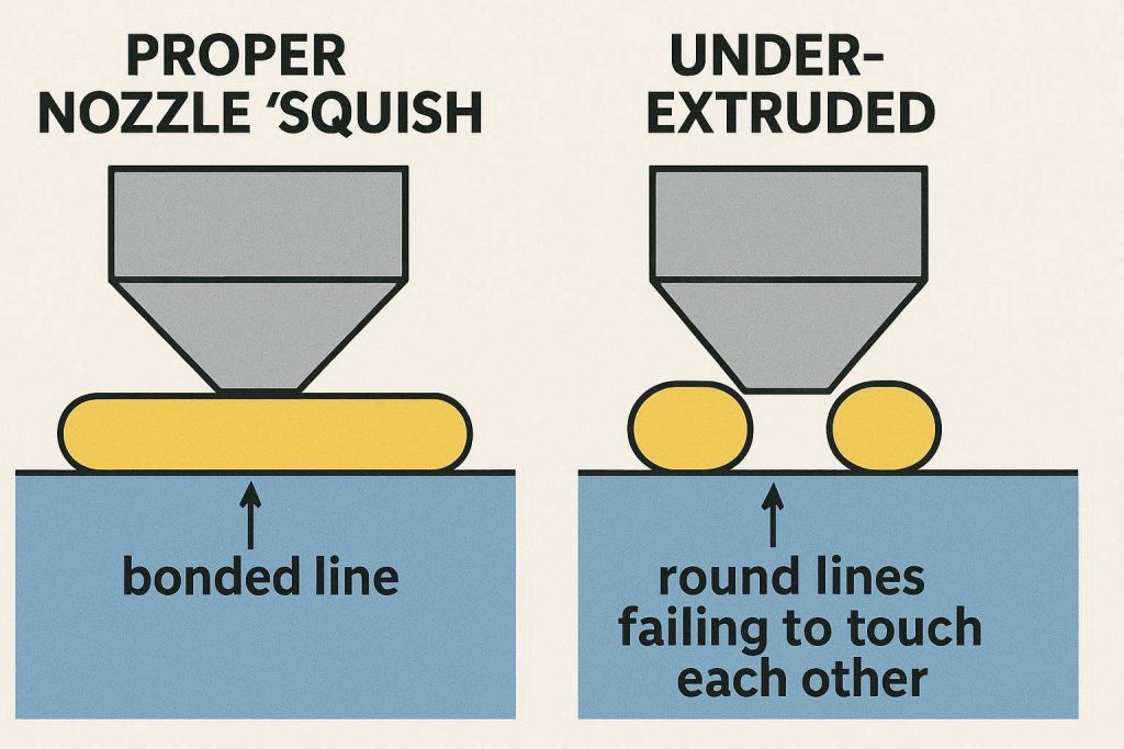 An engineering diagram explaining the fluid dynamics necessary to fix FDM wall gaps and stuck supports.