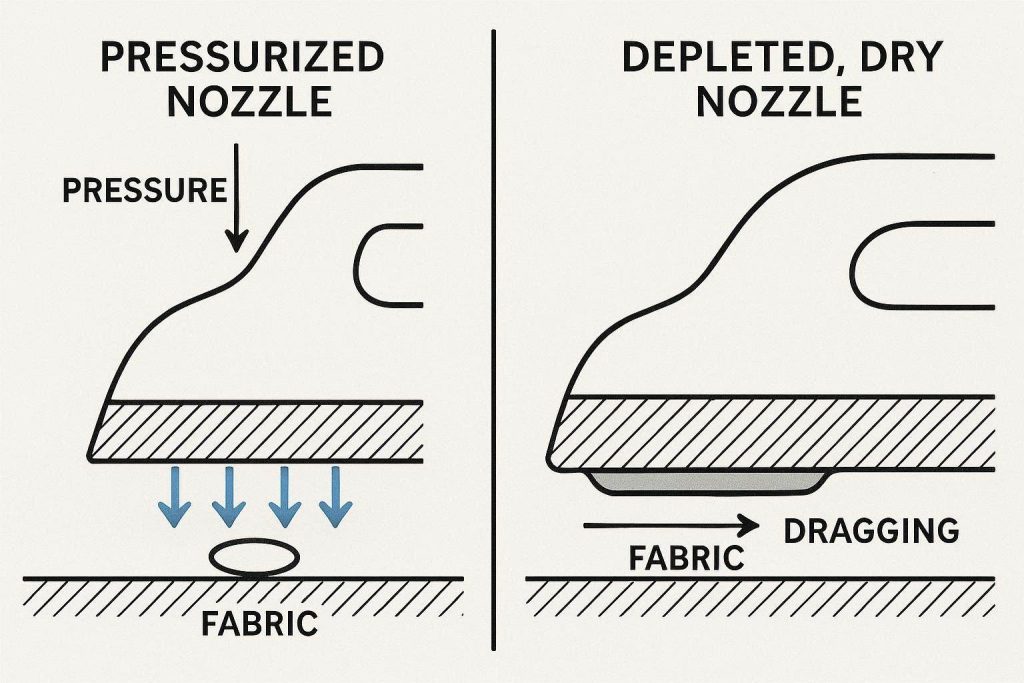 An engineering diagram explaining fluid dynamic nozzle depletion to fix 3D print ironing pores.